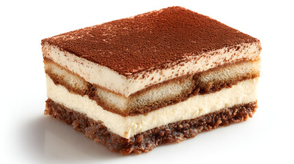 A layered tiramisu dessert square is dusted with cocoa powder.
