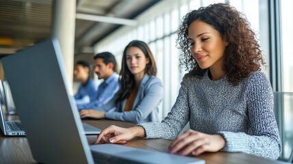 Focused Latina Professional Engaged in Training Session while Using Laptop at Modern Office Desk