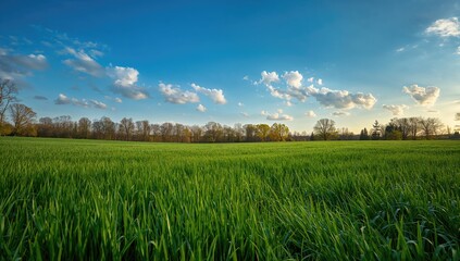 Fototapeta premium Scenic outdoor landscape with grassy meadow and clear sky in spring