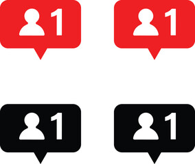 Set of four social media notification icons representing new followers with a count of one in red and black color variations isolated on white background