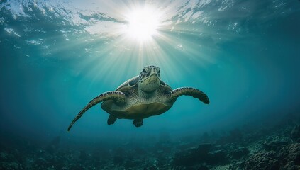 Obraz premium Green turtle illuminated by sunlight in its underwater habitat, showcasing marine life preservation