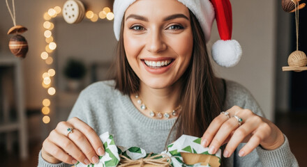 Joyful young woman in a Santa hat excitedly unwrapping a Christmas gift with a bright, genuine smile and festive decorations.