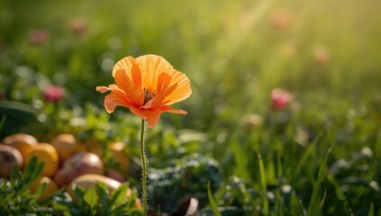 Naklejka premium Solitary poppy blossom amid a vibrant landscape, seasonal beauty, summer vibes