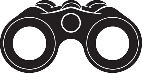 A stark black silhouette of a pair of binoculars viewed from the front symbolizing observation exploration and discovery against a clean white background