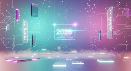 Futuristic Digital Interface with Floating Screens and Glowing 2026 Display