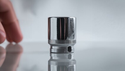 Close-up of a large chrome ratchet socket reflecting light, tool maintenance