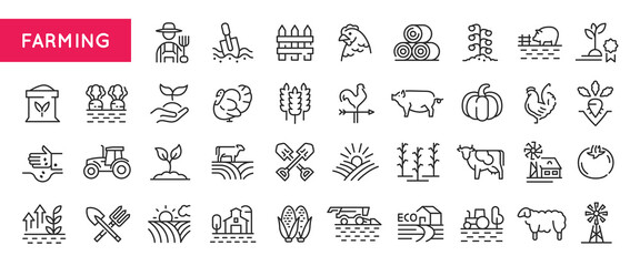 Farming icons. Large set of farming trendy minimal icons. Tractor, Cow, Corn, Barn, Plant, Pig, Chicken icon. Design signs for web page, mobile app, packaging design. Vector illustration