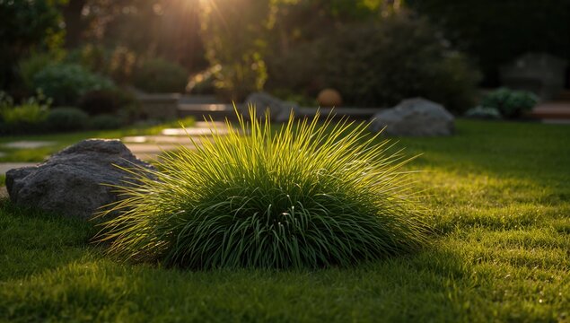 A vibrant green patch of grass illuminated by warm afternoon sunlight, ideal for relaxation and outdoor activities