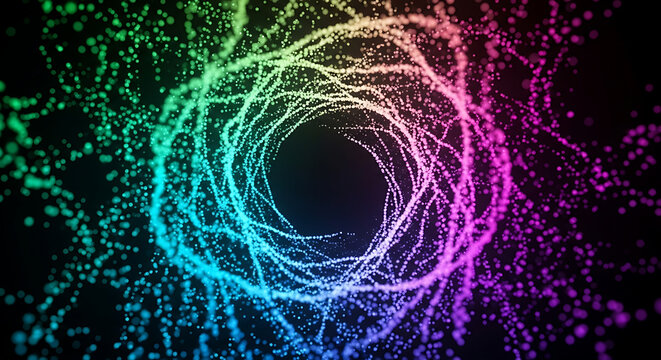 A swirling vortex of colorful particles against a dark background creating a tunnel effect - Powered by Adobe