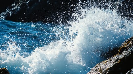 A powerful ocean wave crashing against dark rocks, creating a dramatic splash of white water and sea spray against a deep blue sea