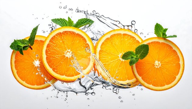 Sliced oranges & mint leaves with splashing water against a white backdrop, bright & fresh