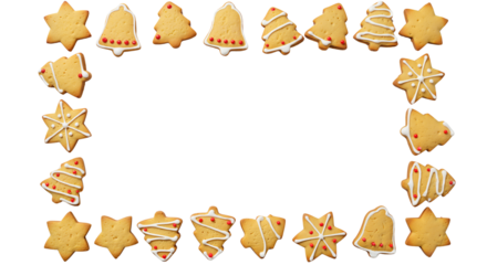 A rectangular frame made of decorated gingerbread cookies, a sweet and festive border for holiday baking blogs and recipe cards for Christmas.Transparent Background, Cutout