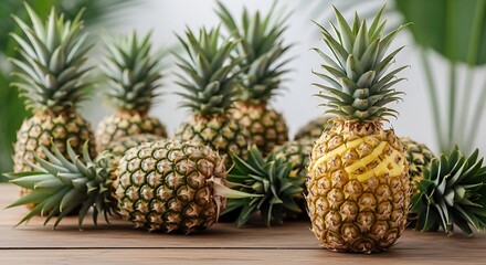 Fresh Pineapples Displayed on Wooden Surface with Green Leaves.