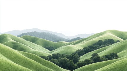 Rolling, verdant hills and distant, hazy mountains under a bright, overcast sky