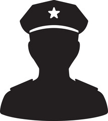 Silhouette of a police officer wearing a cap with a star emblem and a uniform with epaulets against a white background representing law enforcement and authority