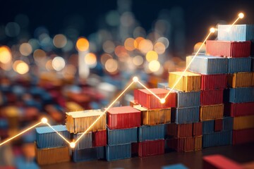 The core of trade: majestic shipping containers in port. Investment trends. Enhanced port nuances: a dynamic look at stacked shipping containers. Market opportunity. Financial charts.