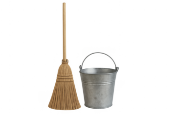 Broom and bucket standing representing cleaning chores