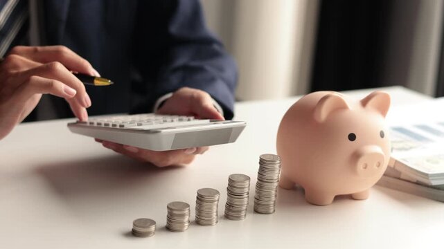 Businessman using a calculator with a piggy bank, stacks of coins, and US dollar bills on a table. Concept of saving money and financial planning.