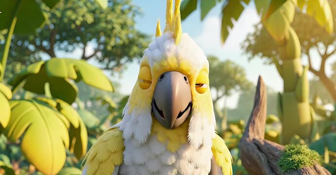 Animated parrot with yellow feathers in a jungle setting.