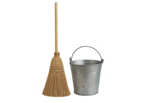 Broom and bucket standing representing cleaning chores