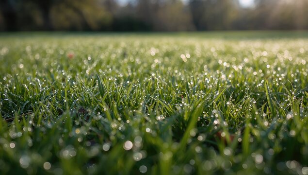 Close-up view of a lawn covered in dew, reflecting the tranquility of a fresh morning, seasonal change