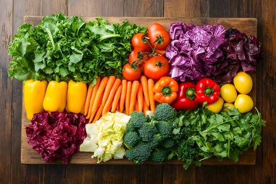 Overhead flat lay of prepped raw vegetables for healthy cooking