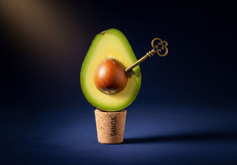 Surreal Avocado with Key Inserted into Seed on Cork Base