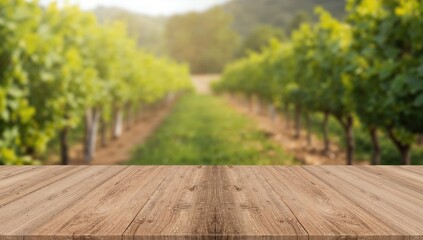 Fototapeta premium Empty brown wooden table with blurred vineyard backdrop, ideal for product montages