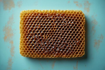 A close-up shot from above, on a flat surface, of a dark amber piece of honeycomb full of honey. The natural food product is placed against a textured turquoise or blue background.