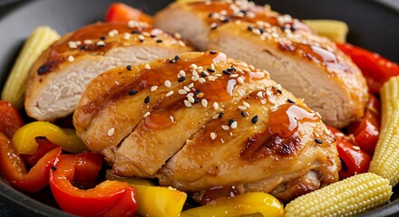 Delicious Chicken Breast with Vegetables and Sesame Seeds.