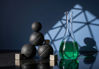 Artistic Display of Black Spheres and Green Liquid Flask on Reflective Surface