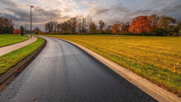 Freshly paved asphalt road glistening after rain, suitable for urban navigation