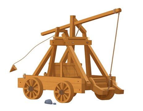 Cartoon illustration of a medieval siege weapon, a wooden trebuchet on wheels, firing a projectile - Powered by Adobe
