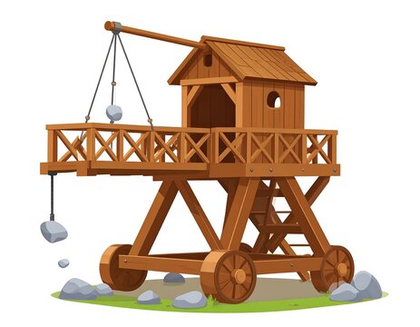 Cartoon illustration of a medieval siege weapon, wooden construction and stone projectiles
