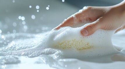 Fototapeta premium A hand gently washes a surface with a sponge, creating a rich lather of white foam and bubbles in a closeup shot with soft lighting