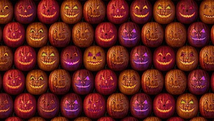 Vibrant, colorful seamless pattern of Halloween pumpkins, festive decoration for seasonal celebrations