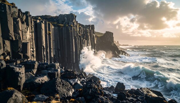 Rugged coastline featuring dramatic basalt columns, turbulent ocean waves, and soft, golden sunlight shining through clouds