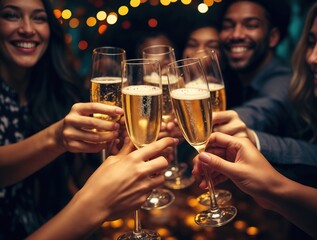 Friends toasting champagne, bright party lights, celebratory atmosphere. Celebration, Event, Wedding day, New Year's Eve