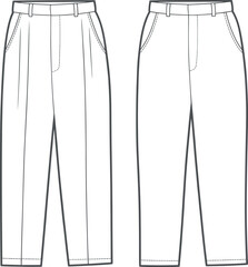 CAD drawing flat vector illustration, technical fashion trousers design, pleated pants, flat front tailored clothing