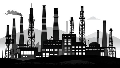 Silhouette of factory with tall smokestacks against hills, emitting smoke. Monochrome, graphic, industrial