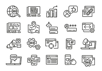 SEO icons. Set of 20 SEO trendy minimal icons. Ranking, Gear, Laptop, Chatbot, Link icon. Design signs for web page mobile app packaging design. Vector illustration