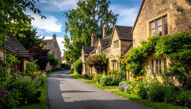 Rural English street with stone cottages, flowers, and greenery on a sunny day, creating a tranquil village scene - Powered by Adobe