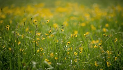 Background of yellow flowers in a grassy area, suitable for text overlay