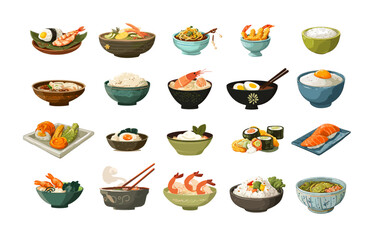 Food in bowls cartoon vector set. Dishes asian cuisine eggs noodles rice, plates with meals rolls dumplings shrimps sushi sticks soup servings isolated on white background