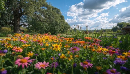 Fototapeta premium Vibrant blooms in a garden, ideal backdrop for editorial layouts