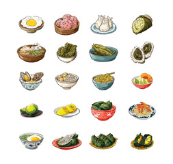 Food in plates cartoon vector set. Dishes asian cuisine eggs noodles rice, bowls with meals rolls dumplings shrimps mussels servings isolated on white background