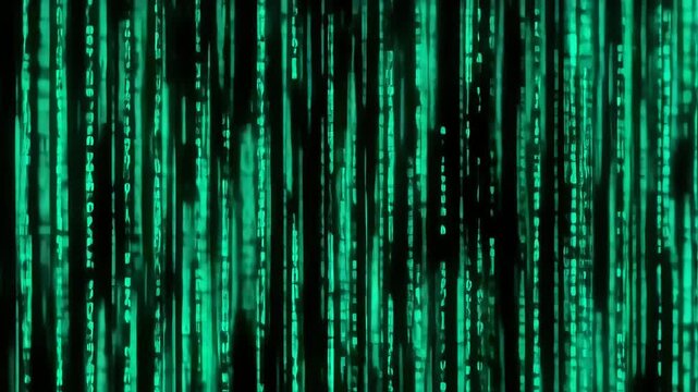 Abstract green digital rain effect, vertical lines of light resembling code falling on dark background