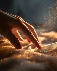 Fototapeta premium Hand gently touching soft fabric in warm natural light