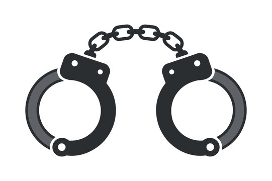 Illustration of metal handcuffs used for arresting criminals with chain and securing them for law enforcement exactly 120 character