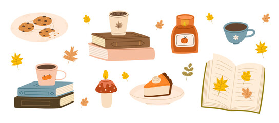 Cozy autumn hand drawn reading collection. Set of books and autumn vibe elements. Cup of tea, coffee, candles, pumpkin pie. Flat vector illustration.